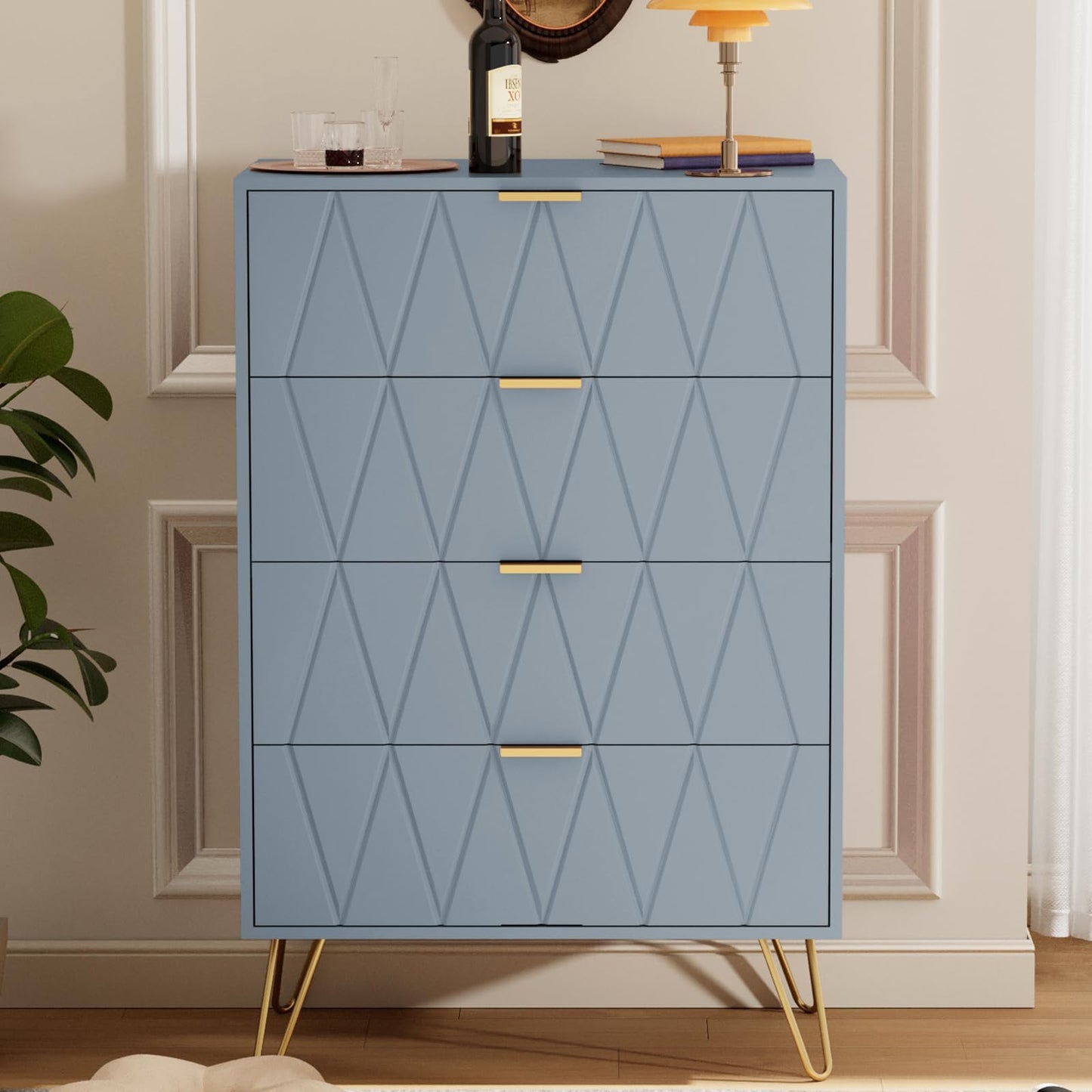 UEV Blue 4 Drawer Dresser for Bedroom Tall Bedroom Dresser with Large Drawer & Golden Handles Wooden Modern Storage Cabinet Chest of Drawer for BedroomHallwayCloset (Blue)