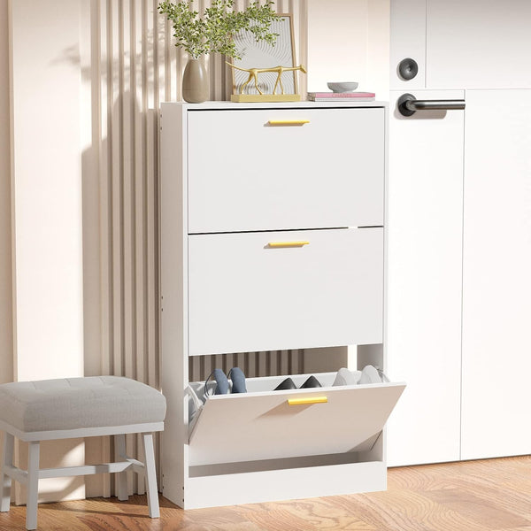 JOZZBY Shoe Cabinet Storage with 3 Flip Drawers for Entryway White Slim Freestanding Modern Narrow Shoe Organizer Rack Cabinet for Hallway Living Room