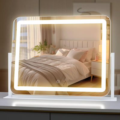 Acoolda Vanity Mirror with Lights Large Makeup Mirror with Lights LED Lighted Makeup Mirror with 3 Color Light Modes Smart Touch Tabletop Mirror for Makeup Desk 360° Rotation 22.2" x 16.3" White