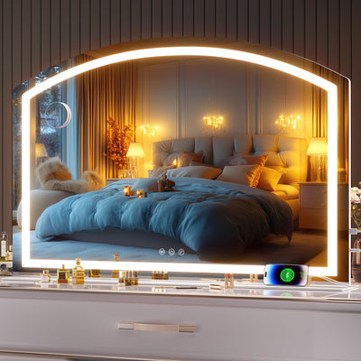 Hasipu Arch Vanity Mirror with Light 48" x 32" Arched Led Makeup Mirror with 10X Magnification Lighted Makeup Mirror Desktop with USB Charging Port Dimmable 3 Colors Mode
