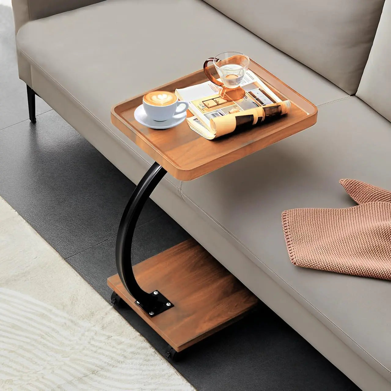 C Table End Table360°Swivel TV Tray Table for Small Spaces Couch Tables That Slide Under C Shaped Side Tables with Wheels for Living Room and Bedroom BedChair Snack Table