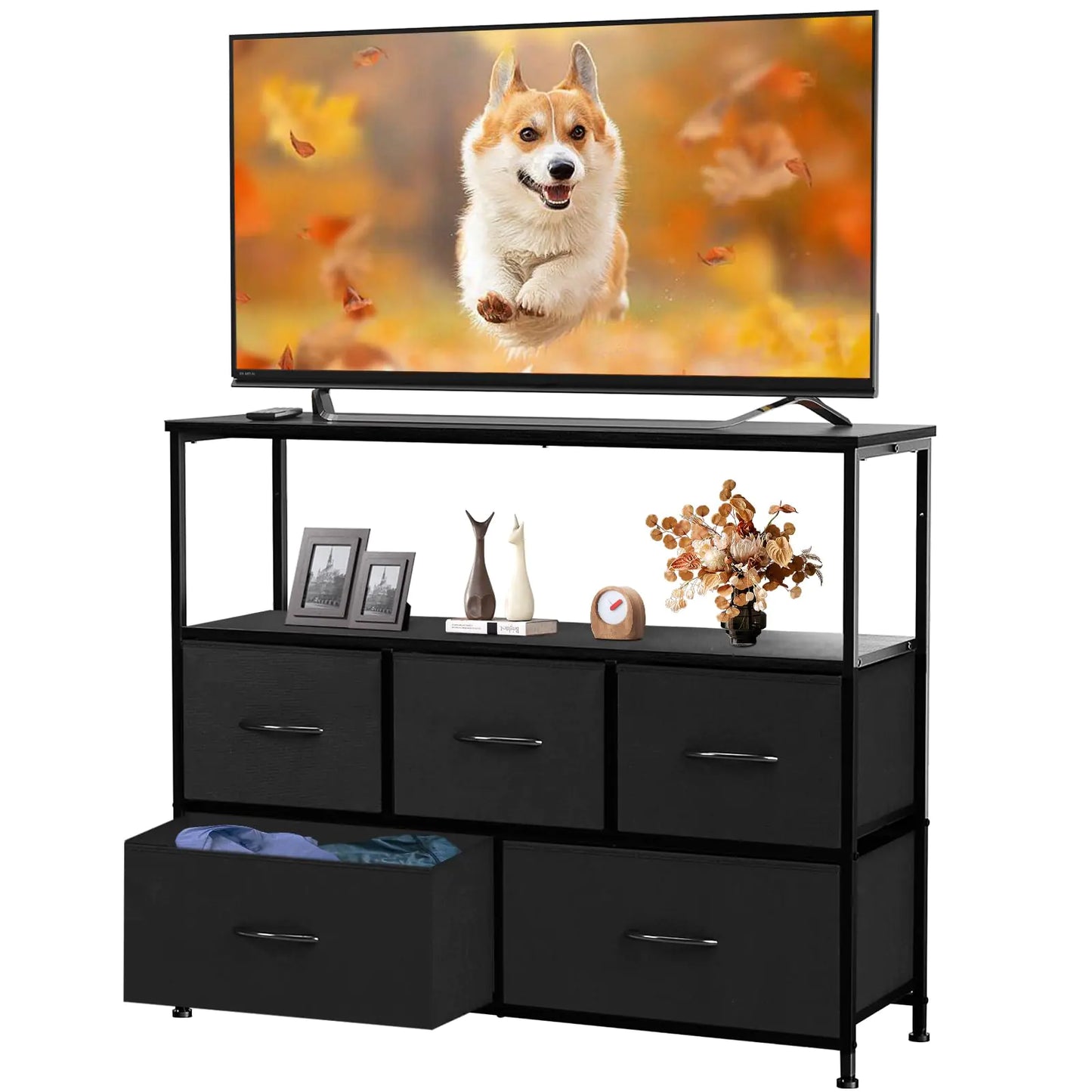 Sweetcrispy 5 Fabric Drawer Dresser TV Stand for Bedroom Entertainment Center for 45 Inch TV with Storage Drawer Unit Open Shelf Adjustable Feet Living Room Black