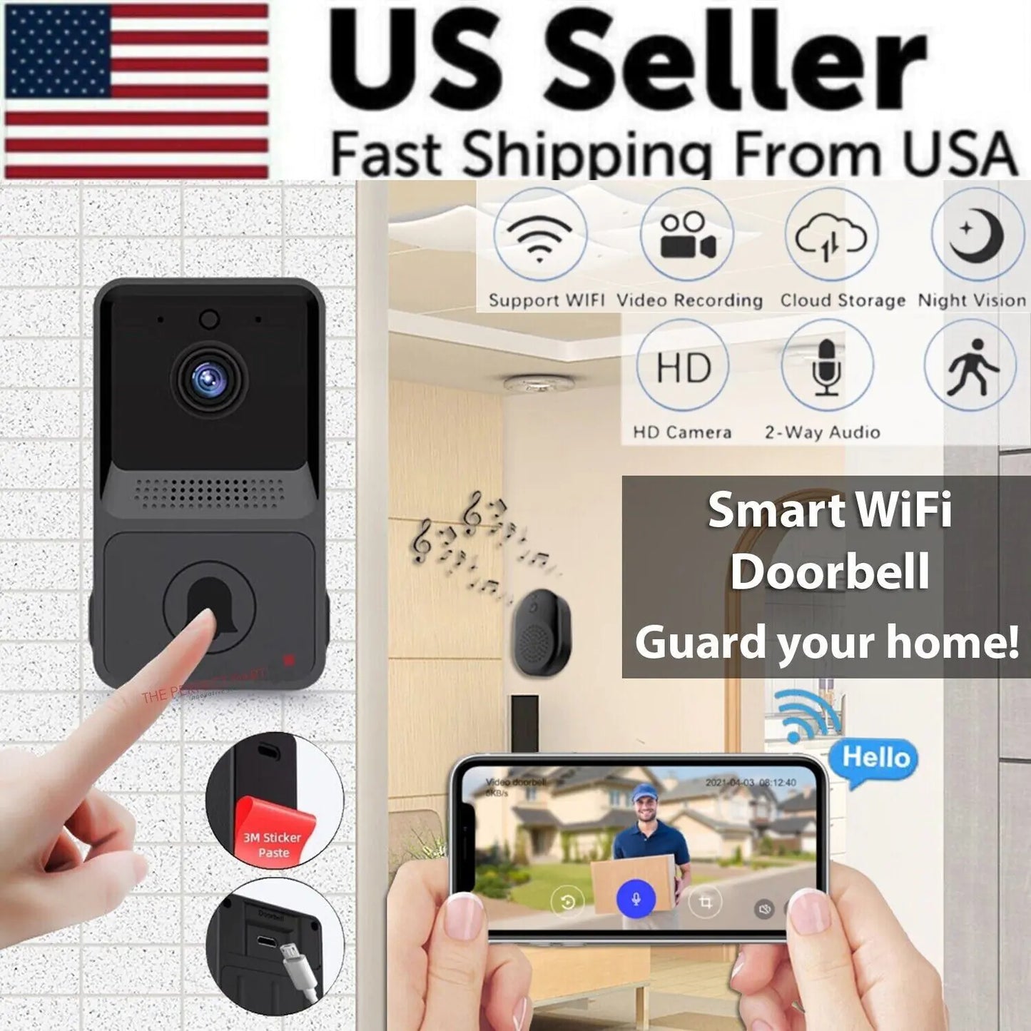 Smart Wireless WiFi Doorbell Intercom Video Camera Door Ring Bell Chime Security