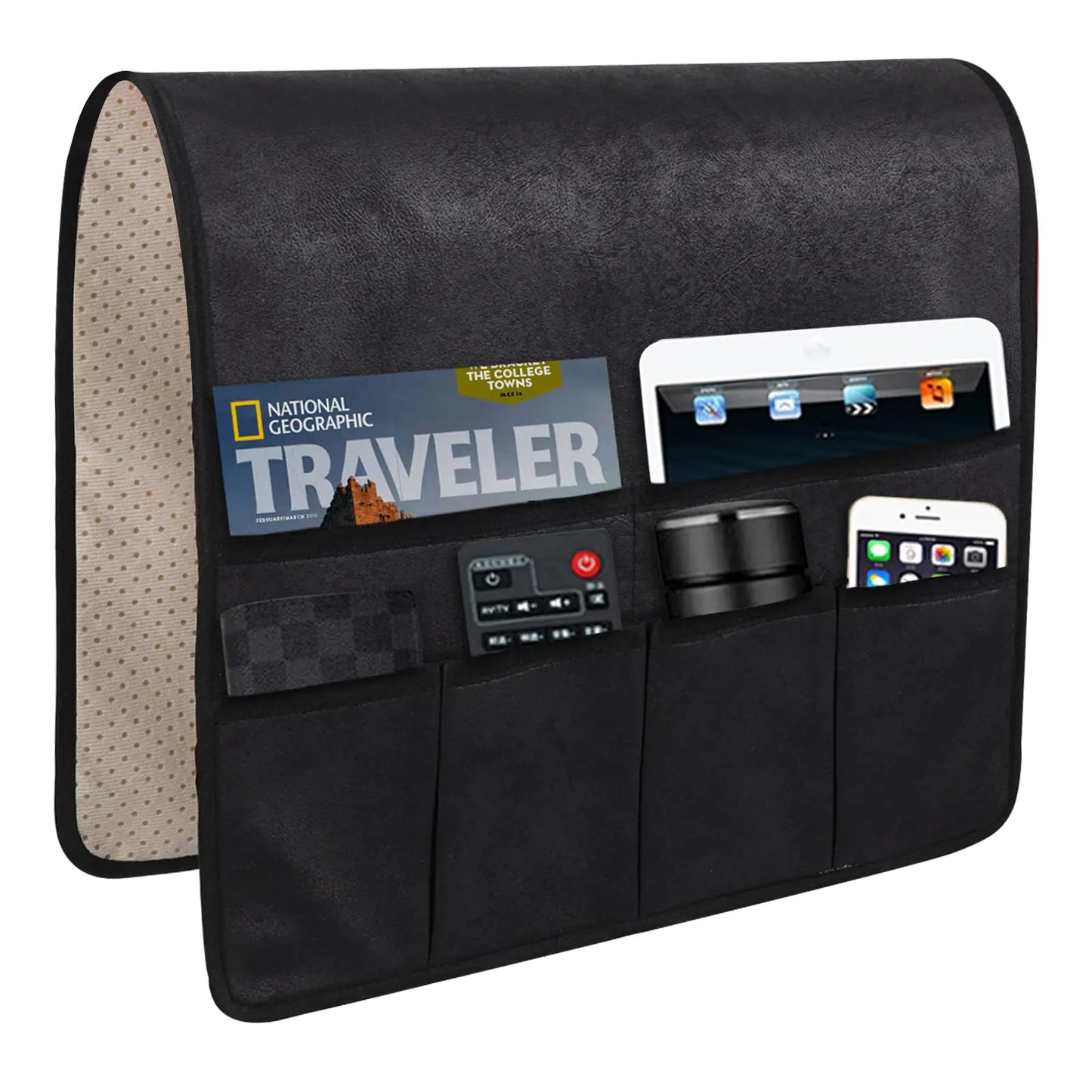 HAOMAIJIA Anti Slip Sofa Armrest Organizer Arm Chair Bedside Caddy Storage Organizer For Recliner Couch With 6 Pockets For Cell Phone Tv Remote Control Magazines (black)