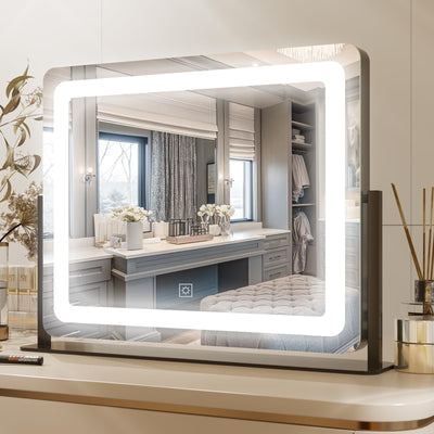 PRIMETEK Vanity Mirror with Lights 22"x19" Large Makeup Mirror with Lights LED Lighted Hollywood Makeup Mirror Touch Sensor with 3-Color Lighting Dimmable for Vanity Desk Tabletop Bedroom Black