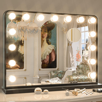 Keonjinn Brushed Nickel Vanity Mirror with Lights 15 Replaceable Bulbs Hollywood Makeup Mirror with 2 Replacement Bulbs 3 Color Lights Silver Frame USB Charging Port 23" x 18" Large Lighted Mirror